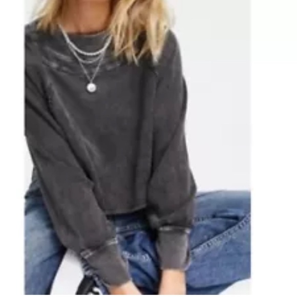 Free People Fun Times Cropped Sweatshirt Acid Washed Black Waffle Knit Oversized - Picture 1 of 8
